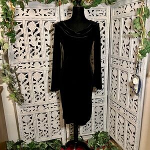 B. DARLIN DARING BLACK VELVET COWEL NECK TRUMPET LONG SLEEVE MIDI EVENING DRESS